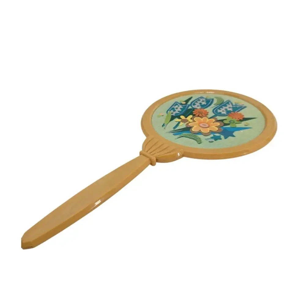 Vintage 70s Handheld Vanity Mirror‎ With Floral Design & Yellow Celluloid Handle
